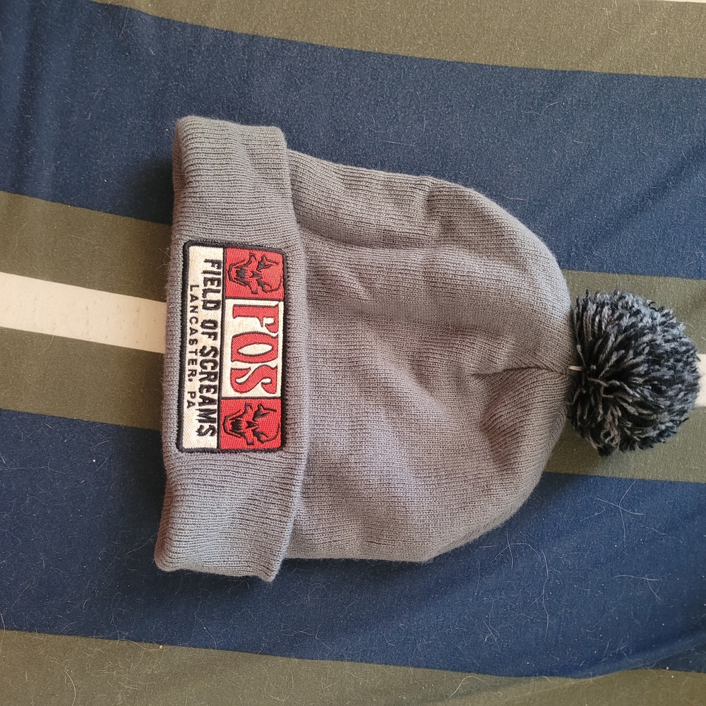 Gray Pom-Pom Beanie with Logo Patch